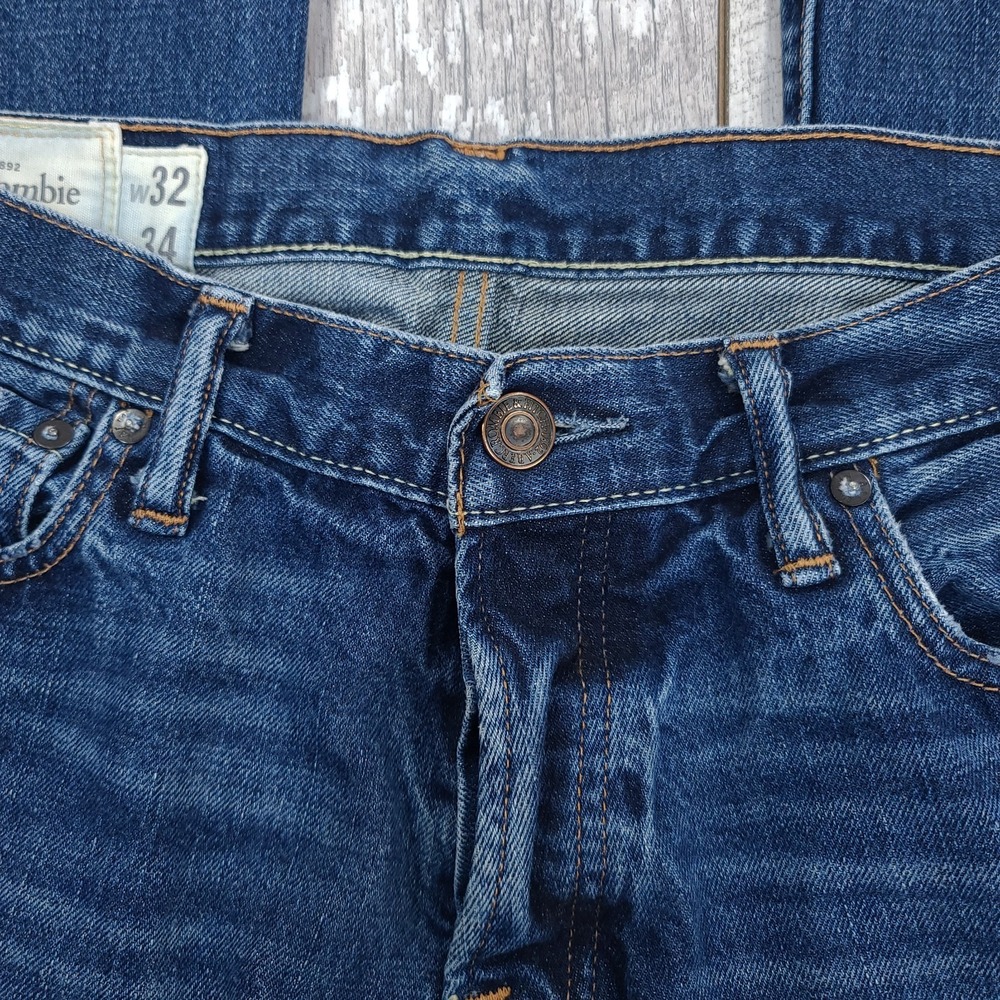 Abercrombie Fitch Mens 32x34 Baxter Low Slim Bootcut Jeans Blue Distressed Denim - Picture 6 of 10